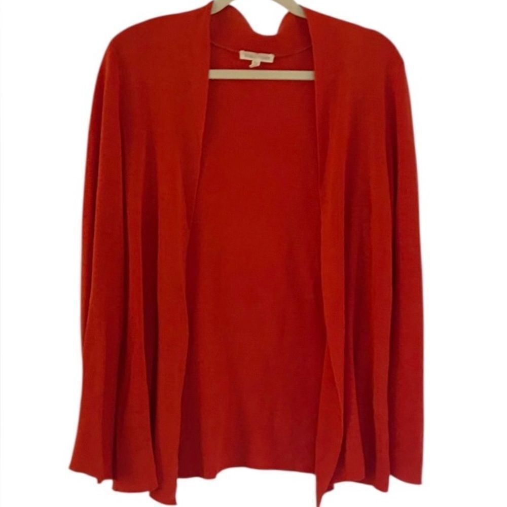 Eileen Fisher Bright Coral 100% Linen Open Front Cardigan Sweater Size Large